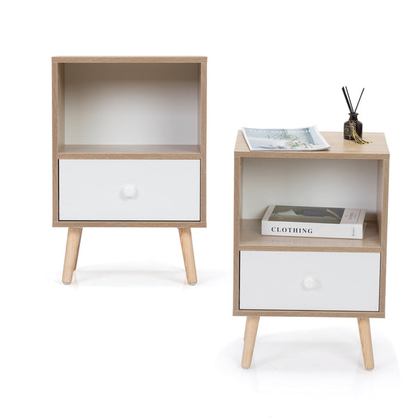 English Elm Mid-Century Natural White Nightstand Set of 2 with Drawer & Shelf, Compact 15.8"L x 23.6"H Tables W2181P147509
