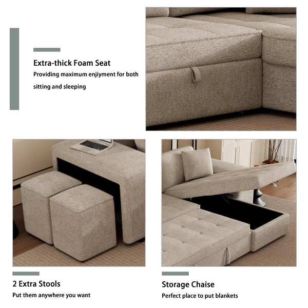 English Elm 104.5" Reversible L-shaped Sectional Sleeper Sofa with Storage Chaise and Linen Chenille Fabric Cream SG000432AAA