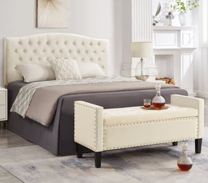 English Elm Upholstered Velvet Storage Bench Tufted Seat Nailhead Trim Armrests Entryway Bedroom Cream W2186139089