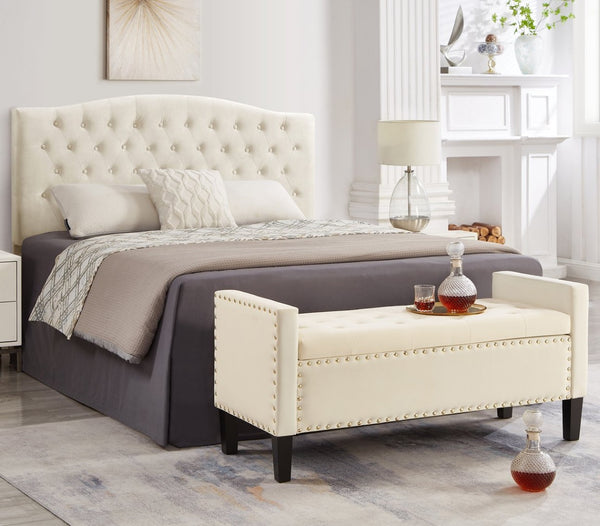 English Elm Upholstered Velvet Storage Bench Tufted Seat Nailhead Trim Armrests Entryway Bedroom Cream W2186139089