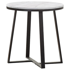 English Elm White Round Faux Marble End Table with Matte Black Metal Base — Compact Elegant Accent Table, 24" B062P145601