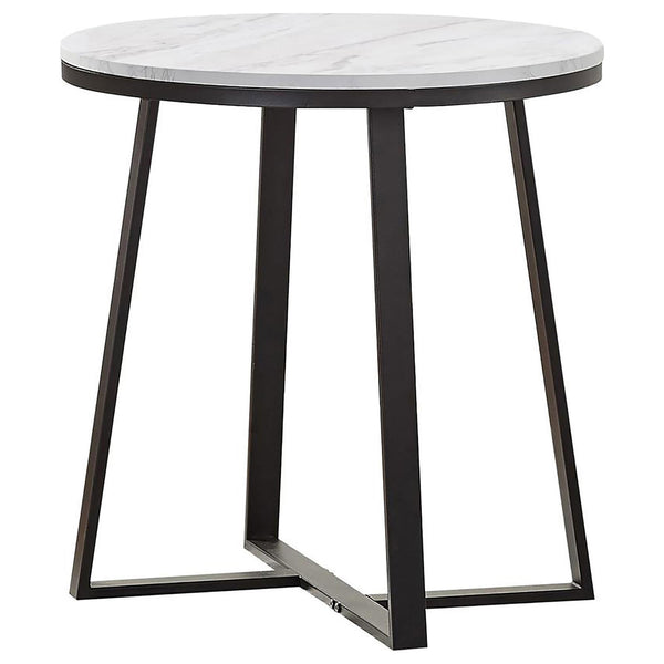 English Elm White Round Faux Marble End Table with Matte Black Metal Base — Compact Elegant Accent Table, 24" B062P145601