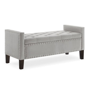 English Elm Upholstered Velvet Storage Bench Tufted Seat Nailhead Trim Armrests Entryway Bedroom Gray W2186139087