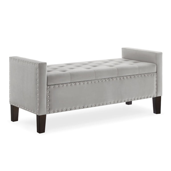 English Elm Upholstered Velvet Storage Bench Tufted Seat Nailhead Trim Armrests Entryway Bedroom Gray W2186139087