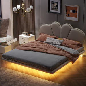 Hearth and Haven Full Size Upholstery Led Floating Bed with Leatherette Leather Headboard and Support Legs, Beige WF311308AAA
