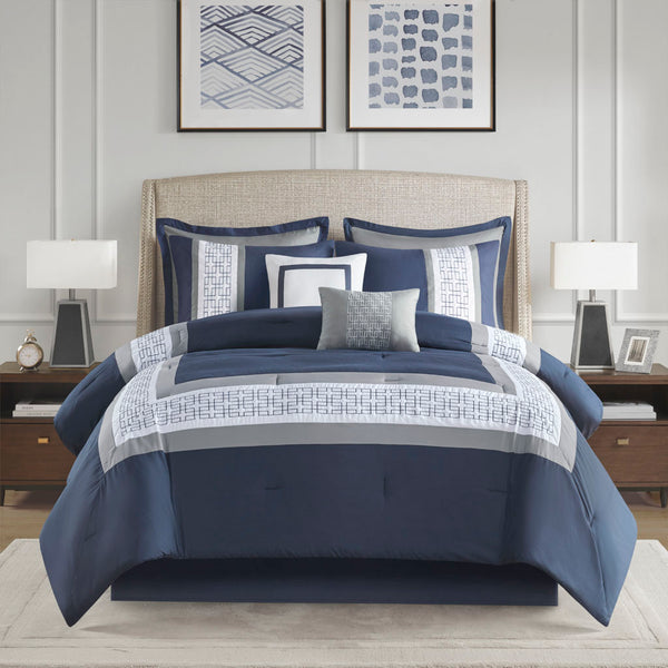 English Elm 8 Powell Embroidered Comforter Set Cal King — Hotel-Style Pieced Border, Hypoallergenic Fill, Machine Washable Navy 19.68 L x 12.6 W x 12.2 H B03594956