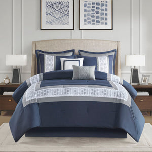 English Elm 8 Piece Embroidered Comforter Set In Navy - Luxurious Queen Bedding With Shams & Decorative Pillows B03594954