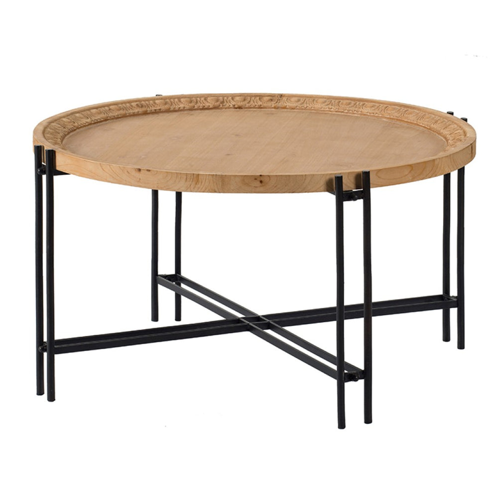 English Elm D32" Solid Fir Wood Round Coffee Table with Iron Pin Legs for Farmhouse Living Rooms W2078P147520