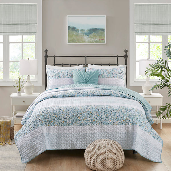 English Elm Full/Queen Seersucker Quilt Set 4-Piece with Throw Pillow — Floral Farmhouse Shabby Chic, Hypoallergenic Antimicrobial B035129017