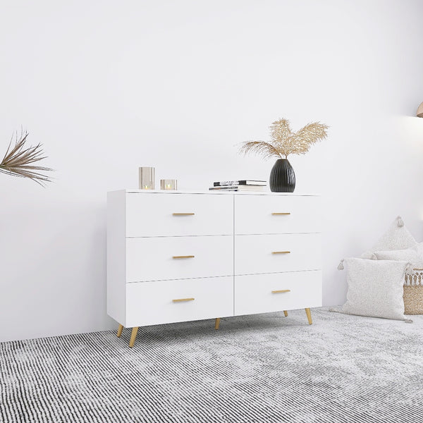 English Elm High Glossy 6-Drawer Chest with Golden Handles and Steel Legs — Spacious Storage, Modern Vanity Design White W2139134915
