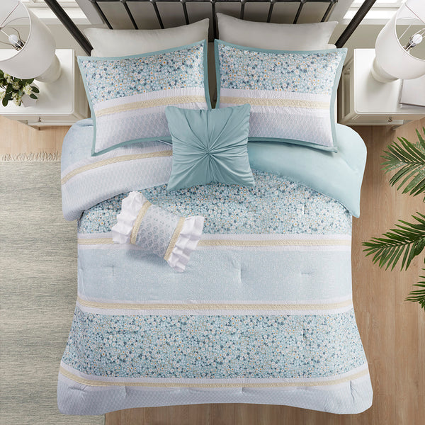 English Elm Full/Queen Seersucker Comforter Set 5-Piece Floral Lace Trim Bedding with Hypoallergenic, Antimicrobial Fill B035128848