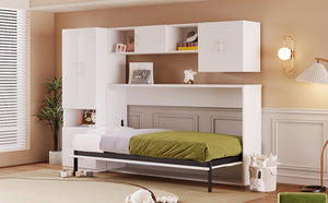 English Elm Twin Murphy Bed with Shelves Drawers Wardrobe & Fold-Down Desk White — Space-Saving Modern Guest Solution GX002022AAK