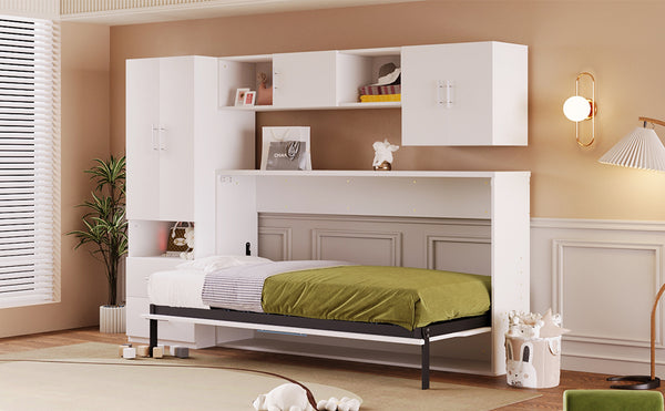 English Elm Twin Murphy Bed with Shelves Drawers Wardrobe & Fold-Down Desk White — Space-Saving Modern Guest Solution GX002022AAK