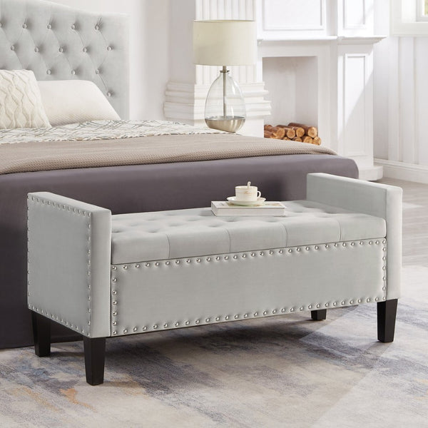 English Elm Upholstered Velvet Storage Bench Tufted Seat Nailhead Trim Armrests Entryway Bedroom Gray W2186139087