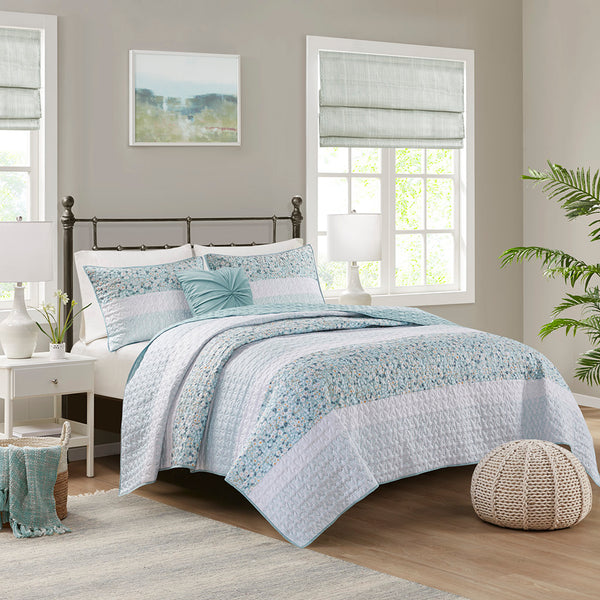 English Elm Full/Queen Seersucker Quilt Set 4-Piece with Throw Pillow — Floral Farmhouse Shabby Chic, Hypoallergenic Antimicrobial B035129017