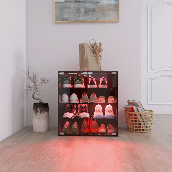English Elm 4 Tier Glass Front Shoe Cabinet with Led Lighting Bluetooth Control Entryway Storage W2139134910