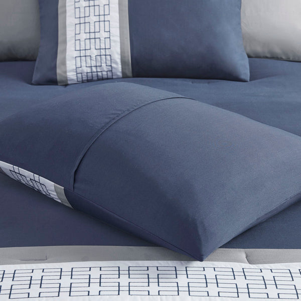 English Elm 8 Piece Embroidered Comforter Set In Navy - Luxurious Queen Bedding With Shams & Decorative Pillows B03594954