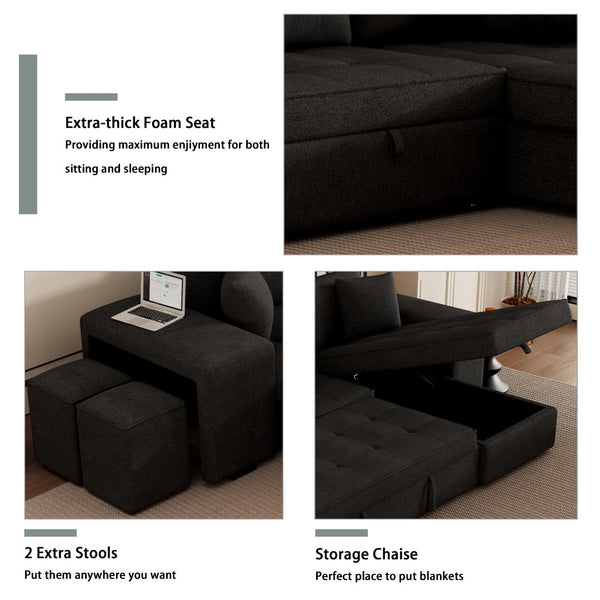 English Elm 104.5" Reversible L-shaped Sectional Sleeper Sofa with Storage Chaise and Linen Chenille Fabric Charcoal Grey SG000432AAN