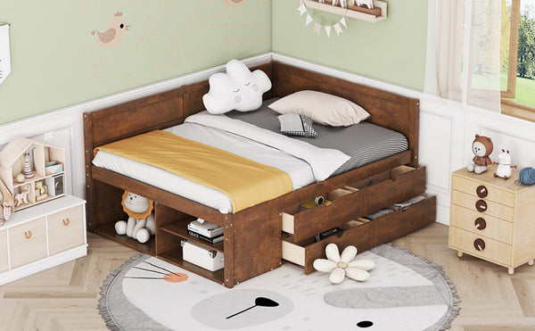English Elm Full Size Walnut Daybed with Built-in Drawers Open Shelves for Modern Bedrooms LP002023AAD