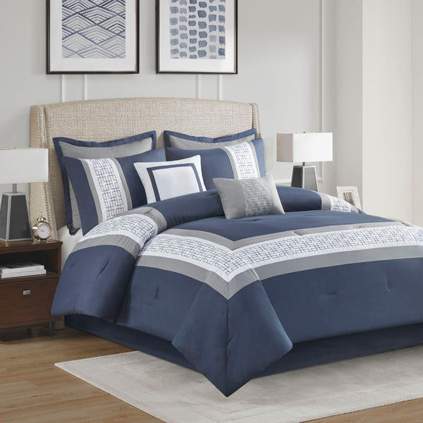 English Elm 8 Piece Embroidered Comforter Set In Navy - Luxurious Queen Bedding With Shams & Decorative Pillows B03594954