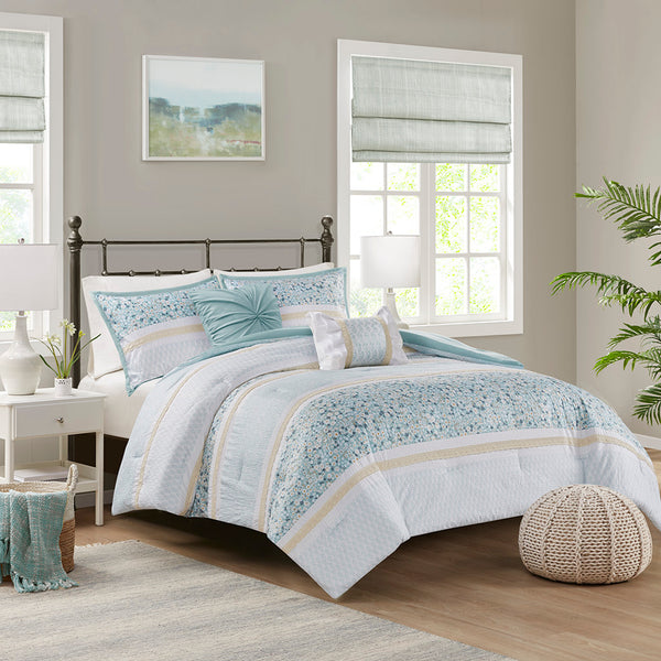 English Elm Full/Queen Seersucker Comforter Set 5-Piece Floral Lace Trim Bedding with Hypoallergenic, Antimicrobial Fill B035128848