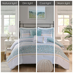 English Elm King/Cal King Seersucker Comforter Set 5-Piece Floral Lace Trimmed Shabby Chic Aqua Bedding Ensemble B035128847