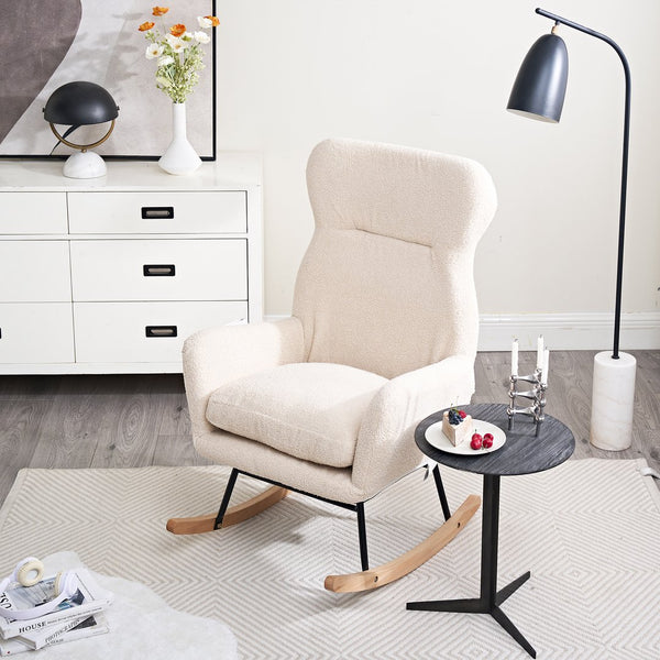 English Elm Modern Rocking Chair High Back Ergonomic Teddy Fabric Arm Rocker with Adjustable Headrest, 300LB Capacity and Durable Metal Frame for Living Room Comfort and Relaxation W244134105