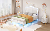 English Elm Twin Size Upholstered Bed Frame With Led Lights, Modern Upholstered Princess Bed With Crown Headboard,White