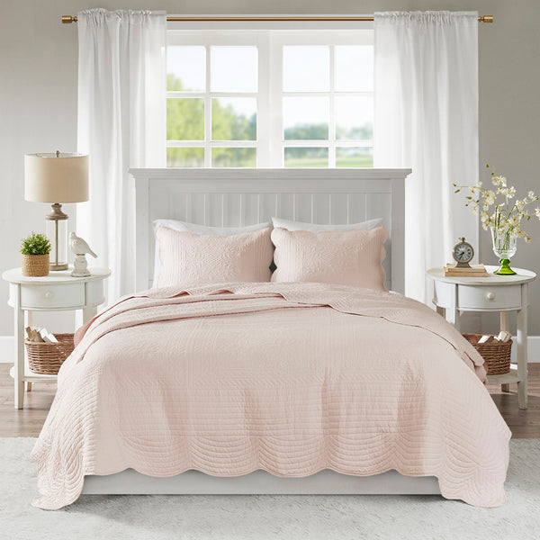English Elm 3 Madison Park Tuscany Reversible Scalloped Edge Quilt Set King/Cal King Blush - Cozy Microfiber Cotton Filling, Antimicrobial B03597534