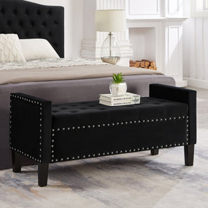 English Elm Upholstered Velvet Storage Bench Tufted Seat Nailhead Trim Armrests Entryway Bedroom Black W2186139086