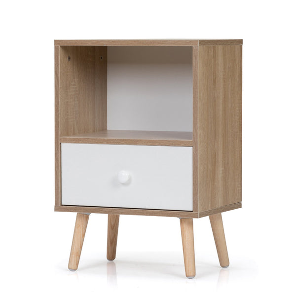 English Elm Mid-Century Natural White Nightstand Set of 2 with Drawer & Shelf, Compact 15.8"L x 23.6"H Tables W2181P147509