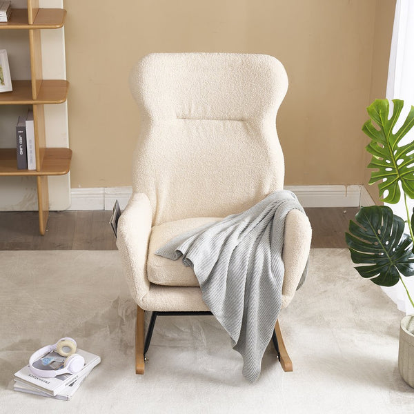 English Elm Modern Rocking Chair High Back Ergonomic Teddy Fabric Arm Rocker with Adjustable Headrest, 300LB Capacity and Durable Metal Frame for Living Room Comfort and Relaxation W244134105