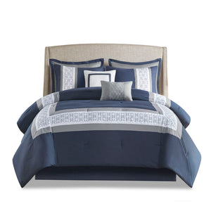 English Elm 8 Piece Embroidered Comforter Set In Navy - Luxurious Queen Bedding With Shams & Decorative Pillows B03594954