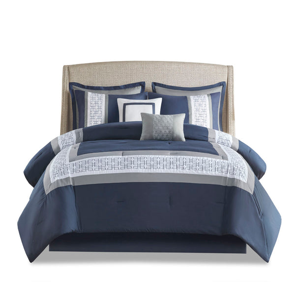 English Elm 8 Piece Embroidered Comforter Set In Navy - Luxurious Queen Bedding With Shams & Decorative Pillows B03594954