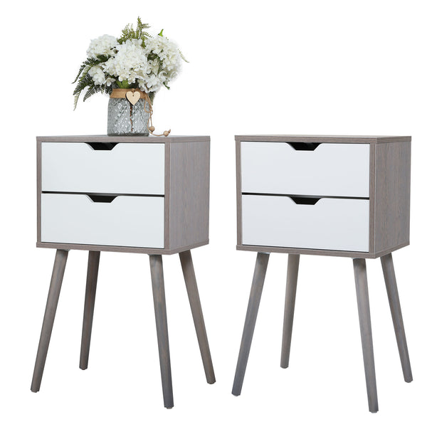 English Elm Set Sleek Two-Drawer Bedside Tables with Solid Wood Legs, Compact 16x12x28 in Storage for Bedroom Grey W2181P147515
