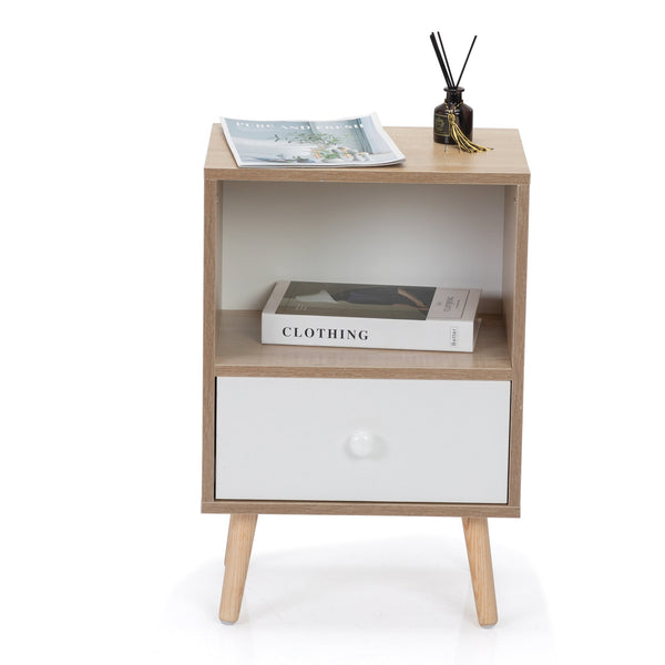 English Elm Mid-Century Natural White Nightstand Set of 2 with Drawer & Shelf, Compact 15.8"L x 23.6"H Tables W2181P147509