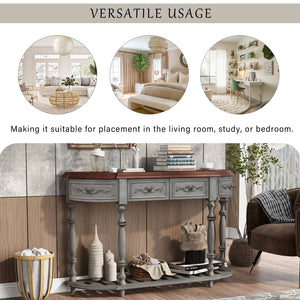 English Elm U_style Curved Console Table with Roman Legs Four Drawers Open Shelf Entryway Accent Antique Grey N711P186862E