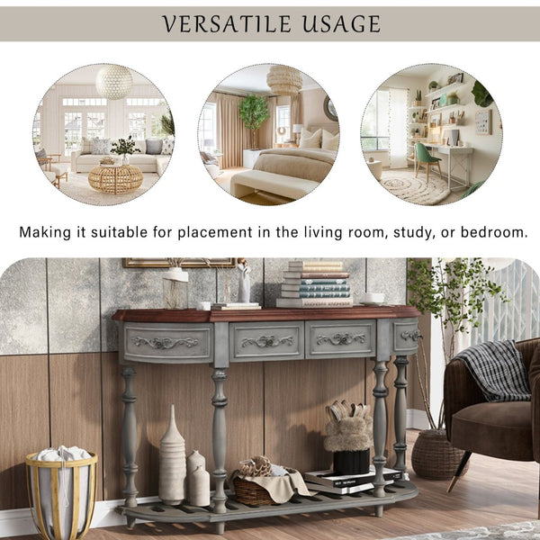 English Elm U_style Curved Console Table with Roman Legs Four Drawers Open Shelf Entryway Accent Antique Grey N711P186862E