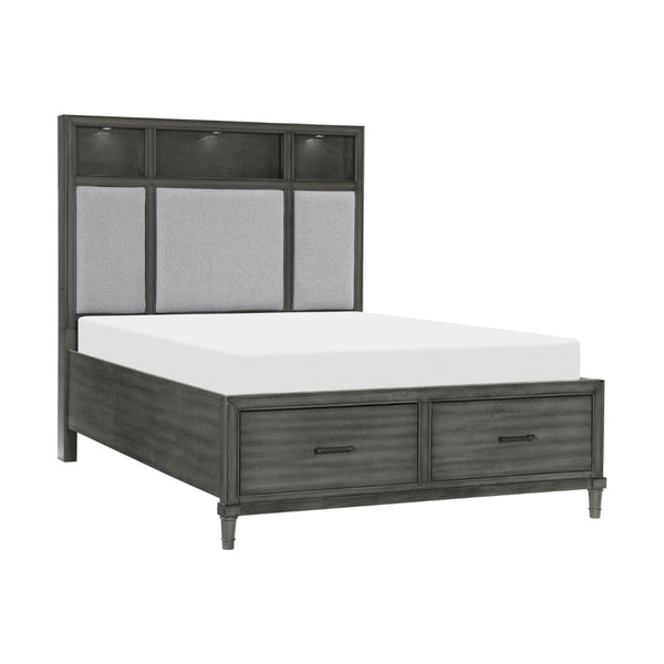English Elm Gray Queen Platform Bed with Led Shelves Usb Ports Storage Drawers Upholstered Headboard B011S00657