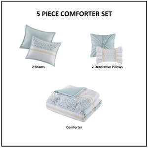 English Elm King/Cal King Seersucker Comforter Set 5-Piece Floral Lace Trimmed Shabby Chic Aqua Bedding Ensemble B035128847