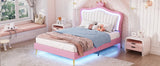 English Elm Twin Size Upholstered Bed Frame With Led Lights, Modern Upholstered Princess Bed With Crown Headboard,White+Pink