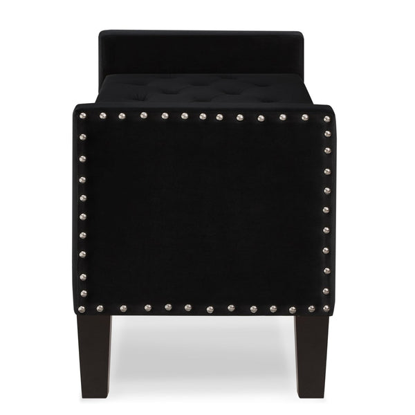 English Elm Upholstered Velvet Storage Bench Tufted Seat Nailhead Trim Armrests Entryway Bedroom Black W2186139086
