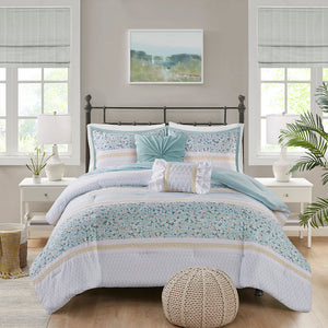 English Elm Full/Queen Seersucker Comforter Set 5-Piece Floral Lace Trim Bedding with Hypoallergenic, Antimicrobial Fill B035128848