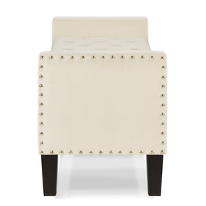 English Elm Upholstered Velvet Storage Bench Tufted Seat Nailhead Trim Armrests Entryway Bedroom Cream W2186139089