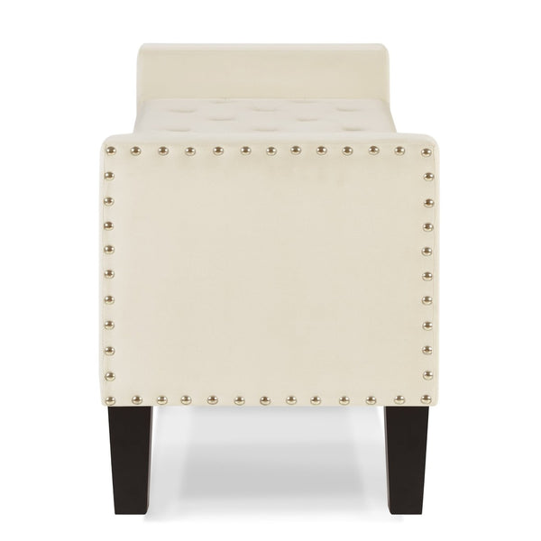 English Elm Upholstered Velvet Storage Bench Tufted Seat Nailhead Trim Armrests Entryway Bedroom Cream W2186139089