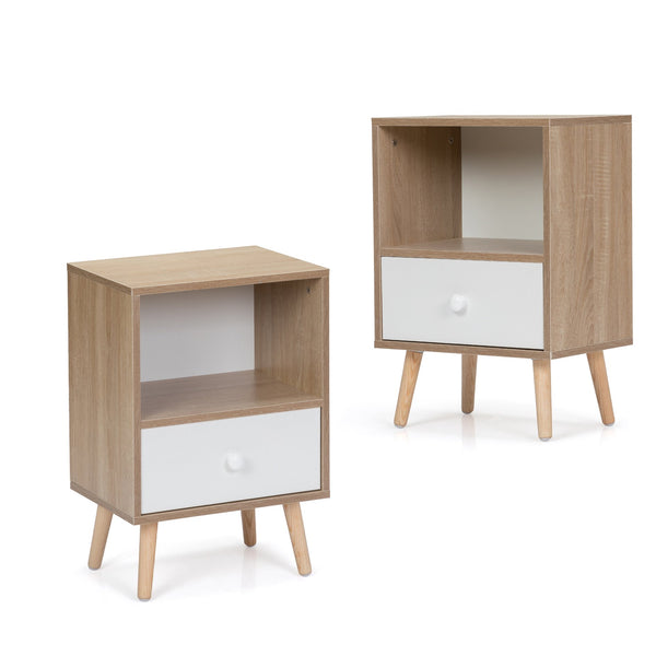 English Elm Mid-Century Natural White Nightstand Set of 2 with Drawer & Shelf, Compact 15.8"L x 23.6"H Tables W2181P147509