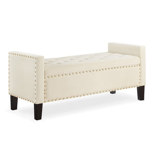 English Elm Upholstered Velvet Storage Bench Tufted Seat Nailhead Trim Armrests Entryway Bedroom Cream W2186139089