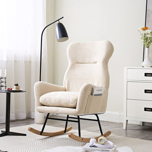 English Elm Modern Rocking Chair High Back Ergonomic Teddy Fabric Arm Rocker with Adjustable Headrest, 300LB Capacity and Durable Metal Frame for Living Room Comfort and Relaxation W244134105