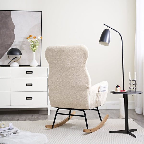 English Elm Modern Rocking Chair High Back Ergonomic Teddy Fabric Arm Rocker with Adjustable Headrest, 300LB Capacity and Durable Metal Frame for Living Room Comfort and Relaxation W244134105