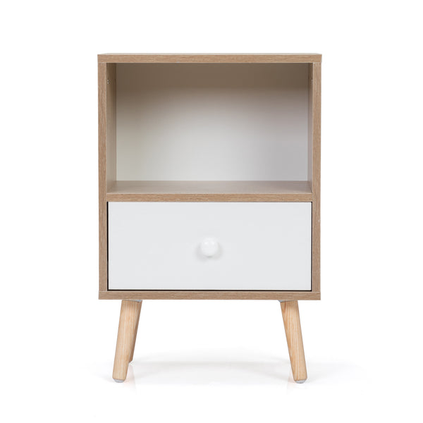 English Elm Mid-Century Natural White Nightstand Set of 2 with Drawer & Shelf, Compact 15.8"L x 23.6"H Tables W2181P147509